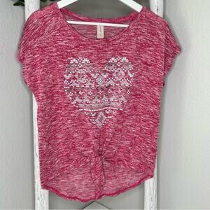 No Boundaries Juniors Top Pink Heart‎ Embellished Tie Front Short Sleeve